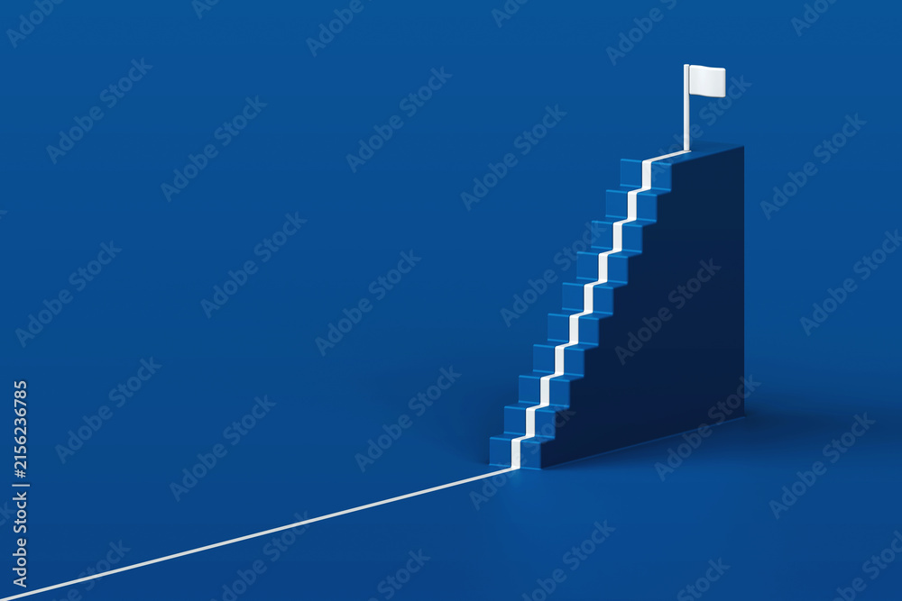 Fototapeta premium 3D white pathway climbing up blue staircase steps towards target flag on top in isometric view. Minimalist career progression concept suited, leadership achievement, or goal milestone illustration