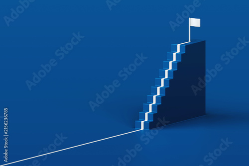 3D white pathway climbing up blue staircase steps towards target flag on top in isometric view. Minimalist career progression concept suited, leadership achievement, or goal milestone illustration