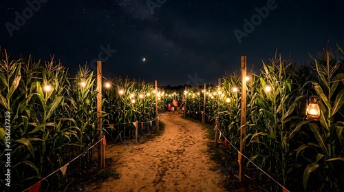 Corn maze with lights at night in a rural area filled with tall corn plants and people enjoying the activity