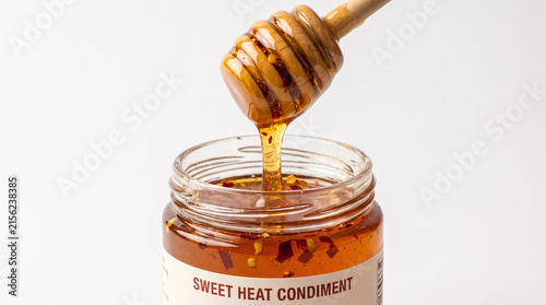 Honey dripping from wooden dipper into glass jar, sweet amber syrup on white background