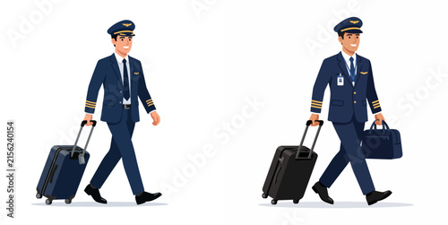 Foto Two male airline pilots in uniform walking with suitcases isolated on white