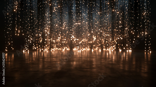 Empty Stage with Golden Shimmering Fairy Lights Background