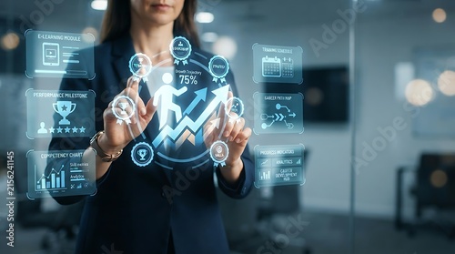 Fototapeta kuchenna Corporate trainer interacting with holographic employee development learning path interface for enterprise talent training and digital skill certification management solutions.