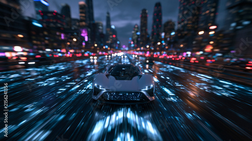 Futuristic Concept Car Speeding on Smart City Highway