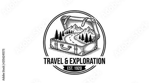 Vintage Suitcase with Mountain Landscape and Winding Road Inside Logo