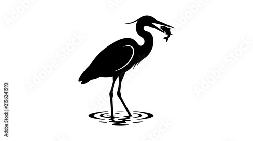 Silhouette of a heron bird standing in water with a fish in its beak