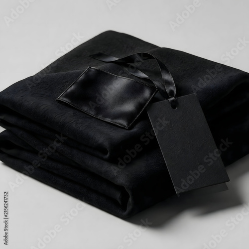 Minimal Black Luxury Clothing Label and Hang Tag Mockup on Folded Garment
