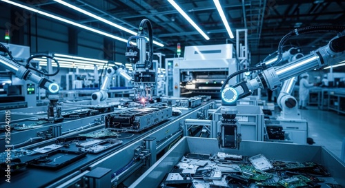 Futuristic industrial facility with bright LED lighting and advanced machinery handling discarded electronics.
