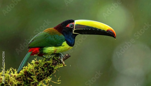 Green toucanet perched on mossy tree branch