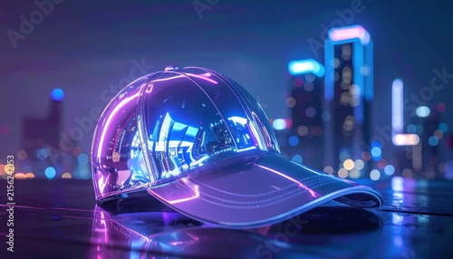 Iridescent neon baseball cap against blurred futuristic city lights.