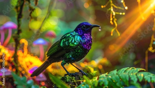Iridescent hummingbird perched on green branch.