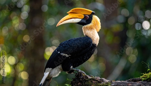 Great hornbill bird perched on mossy branch in forest.