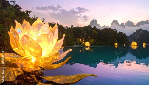 Illuminated lotus lantern on tropical lake at sunset.