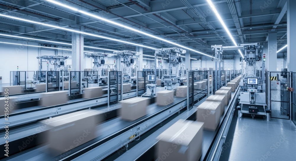 Obraz premium Contemporary supply chain warehouse with automated sorting robots working alongside moving cargo boxes.