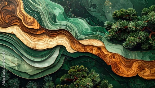 Layered green landscape with organic wood patterns.