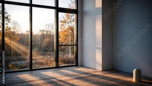 Warm sunlight entering empty modern room with large window and autumn trees outside. Minimal interior with natural lighting and shadows