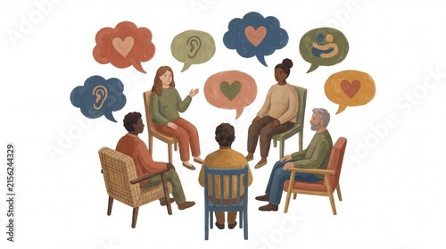Diverse people talking in support group circle with heart and ear symbols folk art illustration