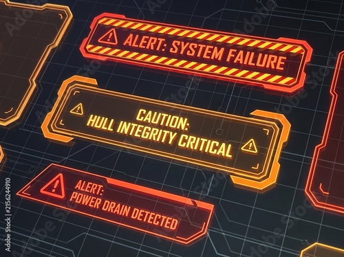 Critical system failure alert with warning messages on digital HUD interface display