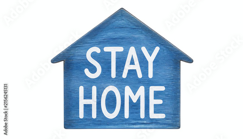 hape of navy blue house with inscription in English language Stay Home. Hand painted water color artistic drawing on white, cut out element for design, print, poster, banner, sticker.