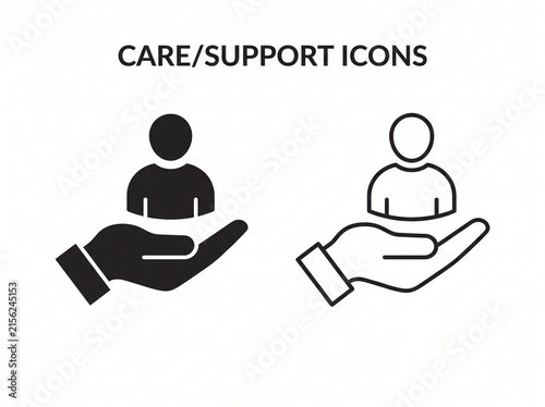 Hand holding heart and person sitting with crutch vector care support icons for healthcare and assistance