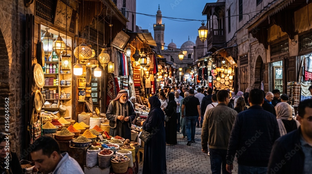 Obraz premium Middle Eastern Bazaar Market Street Dusk Lanterns Spice Stalls Traditional Merchant Atmospheric Travel 