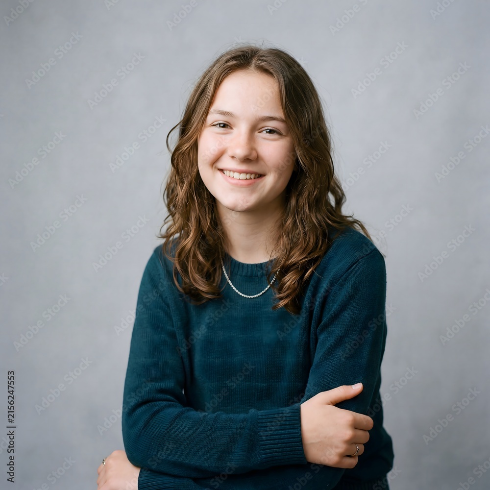 Obraz premium Smiling young woman in dark sweater against neutral studio background