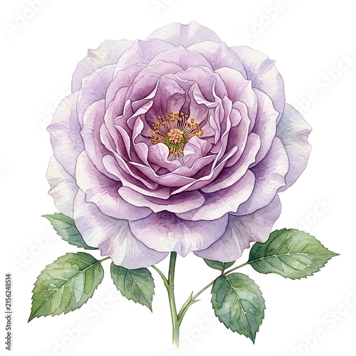 Purple rose with green leaves in watercolor style for floral art design.