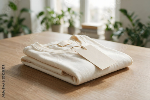 Eco-Friendly Clothing Label and Kraft Hang Tag Mockup on Folded Organic Cotton Garment