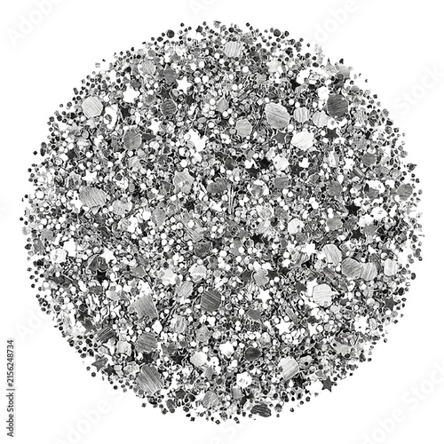 Silver glitter particles circular background texture for festive decoration.