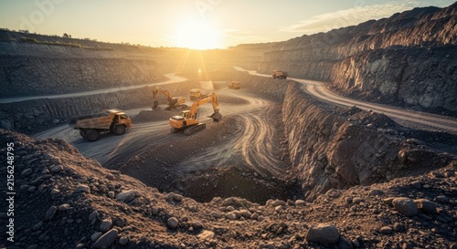 Dawnlit open excavation pit showcasing raw earth textures and industrial activity.
