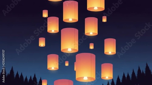 Animated Festival Lanterns Rise Over Forest Silhouette.