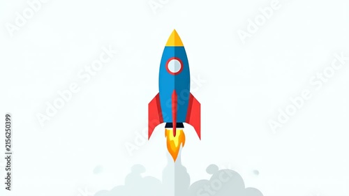Animated Flat Design Rocket Ship Launching into the Sky.