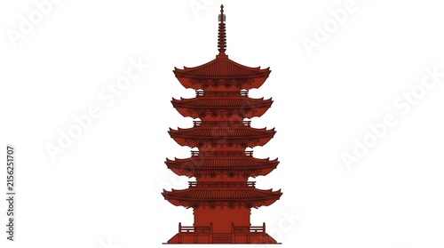Japanese Pagoda Five Story Roof Tile Texture — Vermillion Red Charcoal Bold Silhouette