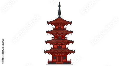 Japanese Pagoda Five Story Roof Tile Texture — Vermillion Red Charcoal Bold Silhouette