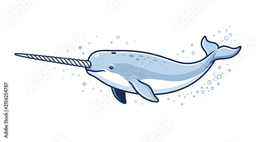 Narwhal Swimming Profile Spiral Tusk Texture — Blue White Bold Flat Vector