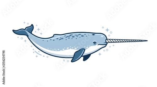 Narwhal Swimming Profile Spiral Tusk Texture — Blue White Bold Flat Vector