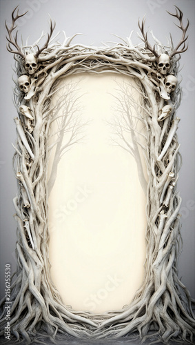 marco, marco decorativo, marco ornamental, marco natural, marco de ramas, ramas, raíces, madera, troncos, huesos, hueso, calavera, cráneo, esqueletos, muerte, macabro, gótico, fantasía oscura, fantasí