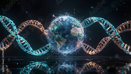 DNA strands encircle Earth, symbolizing life's genetic code across the planet.
