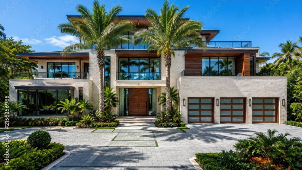 Fototapeta premium Modern luxury tropical house with elegant architecture and lush landscaping