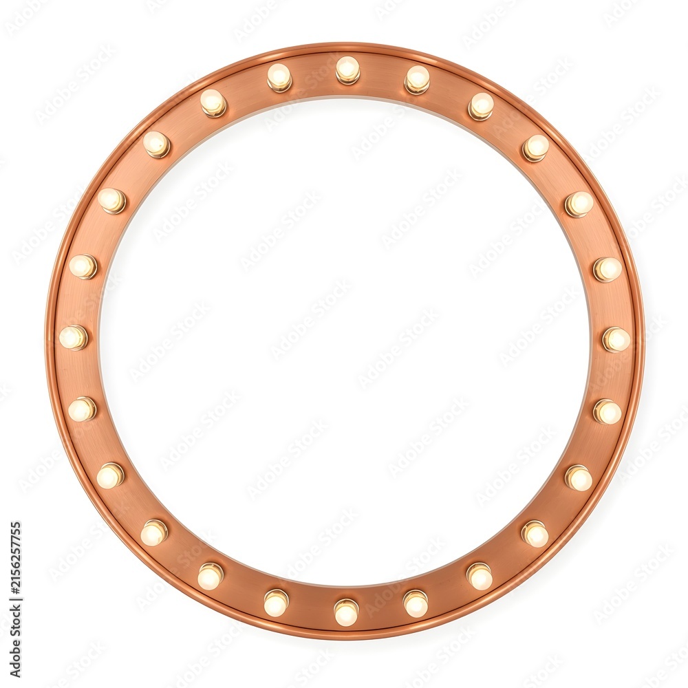 Naklejka premium Empty Circular Copper Marquee Sign Frame with Glowing Light Bulbs Isolated on White