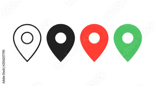 Four colored location map pins with holes