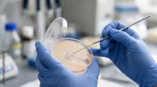 Scientist in blue gloves uses inoculation loop to transfer culture from petri dish in laboratory