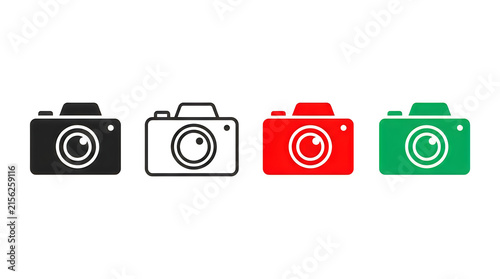 Four colorful vintage cameras icon set
