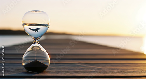 Conceptual eye-level photo of a glass hourglass on a wooden dock at sunset. Top globe contains water with a swimming whale; bottom globe holds black sand. Ocean background blurred.