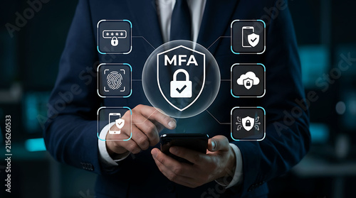 Businessman using mobile phone with multi-factor authentication security system