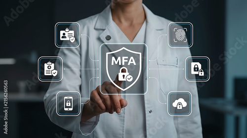 Medical professional interacting with cybersecurity MFA interface hologram