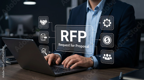 Professional man working on laptop with digital RFP request for proposal icon