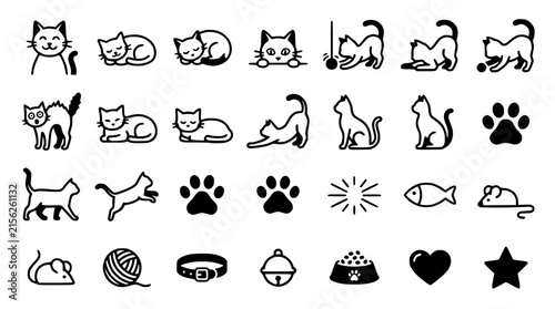 Cute Cat Icons Set: Animals, Pets, and Accessories - Isolated