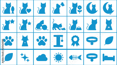 Cute Cat Icons Set: Silhouettes, Paw Prints, Toys, Moon, Sun, Stars
