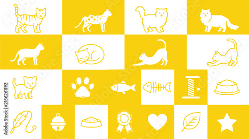 Cat Icons Collection: Cute Feline Illustrations on Yellow and Black Grid